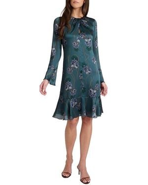 Santorelli Drake Long Sleeve Printed Shift Dress With Ruffled Skirt - Blue