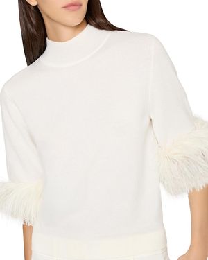 MILLY Feather Cuff Short Sleeve Sweater - White