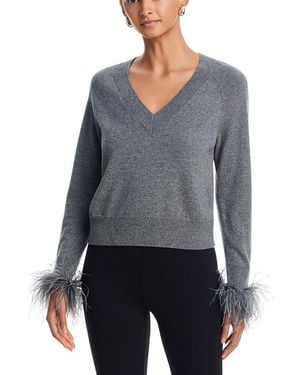 MILLY Feather Cuff V Neck Sweater - Gray