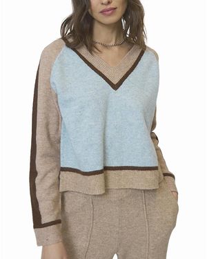 Central Park West Ash Color Blocked V Neck Sweater - Blue