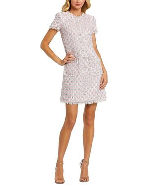 Mac Duggal Cap Sleeve Floral Button Detail Shift Dress - White