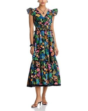 Aqua Tropical Ruffle Sleeve V Neck Midi Dress - Green