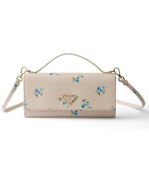 Prada Printed Saffiano Leather Wallet With Shoulder Strap - Natural