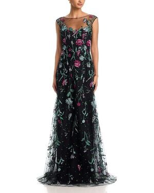 Teri Jon Embroidered Tulle Cap Sleeve Fit And Flare Gown - Black