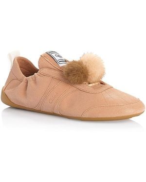 Chloé Kick Leather & Shearling Pom Pom Sneakers - Natural