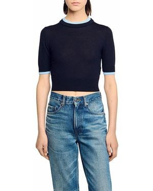 Sandro Two Tone Cropped Short Sleeve Sweater - Blue