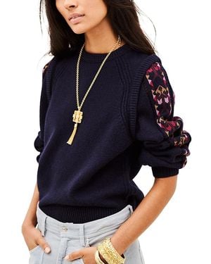 Ba&sh Elda Embroidered Wool Round Neck Sweater - Blue