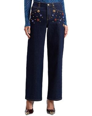 Avec Les Filles Rhinestone Embellished Highrise Wide Leg Jeans - Blue