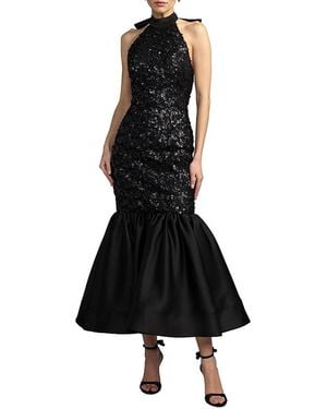 Mac Duggal Sequin Lace & Satin Halter Neck Mermaid Midi Dress - Black