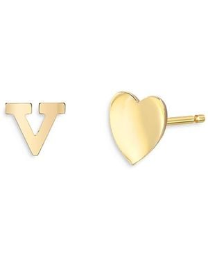 Zoe Lev 14K Heart & Initial Stud Earrings - Metallic