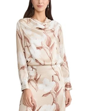 Misook Draped Neck Floral Print Silk Blouse - Natural