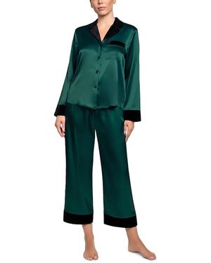 In Bloom Velvet Trim Satin Pajama Set - Green