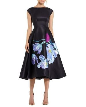 Mac Duggal Satin Cap Sleeve Midi Dress With Floral Print - Blue