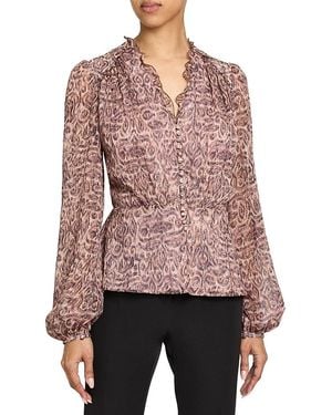 Santorelli Lana Paisley Printed Georgette Long Sleeve Ruffle Top - Red