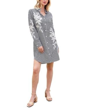 Karen Kane Roll Tab Stripe Embroidered Shirt Dress - Gray