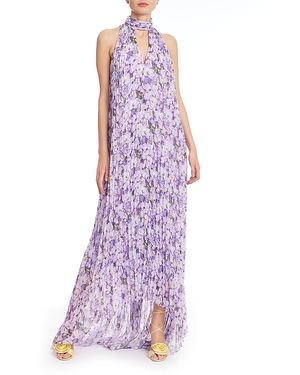 Badgley Mischka Floral Mock Neck Pleated Gown - Purple