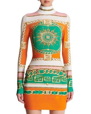 Balmain Short Printed Bodycon Dress With Foulard Pattern - Green