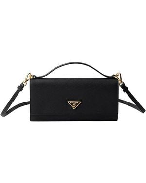Prada Saffiano Leather Wallet With Shoulder Strap - Black