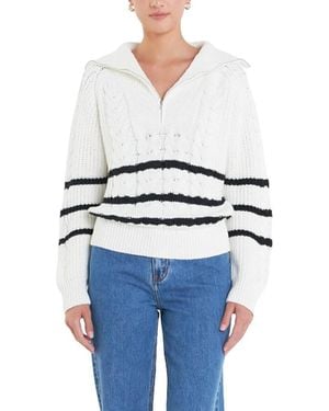 English Factory Stripe Zip Up Sweater - White