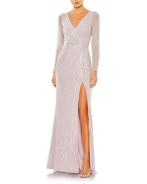 Mac Duggal Sequined Faux Wrap Long Sleeve Gown - White