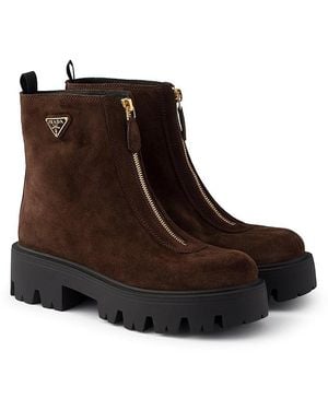 Prada Suede Booties With Zip - Brown