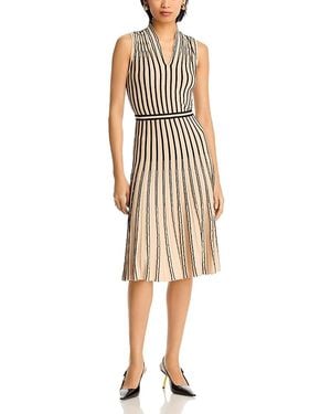 Misook Stripe V Neck Ribbed Knit Dress - Natural