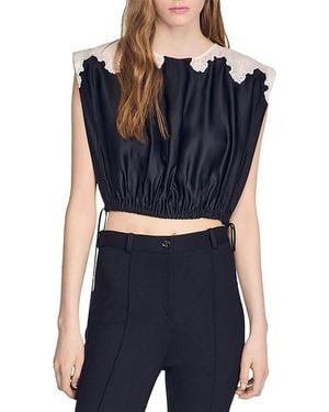 Sandro Contrast Lace Crop Top - Blue