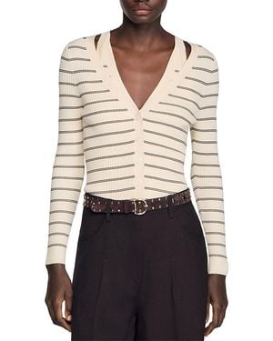 Sandro Gabri Stripe Rib Knit Cardigan Sweater - White