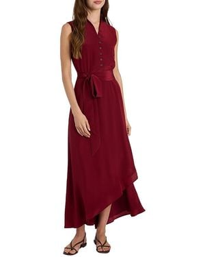 Santorelli Carson Silk Hi-Lo Ruffle Collar Midi Dress - Red
