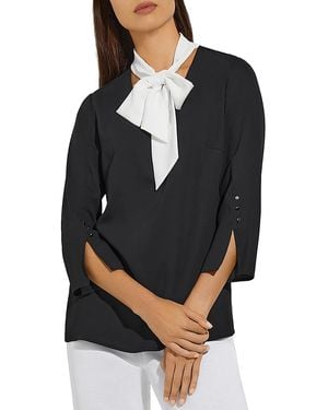 Misook Contrast Tie V-Neck Crepe De Chine Blouse - Black