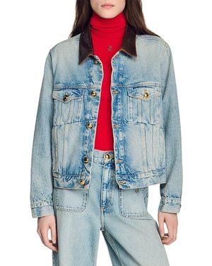 Sandro Denim Jacket With Leather Collar - Blue