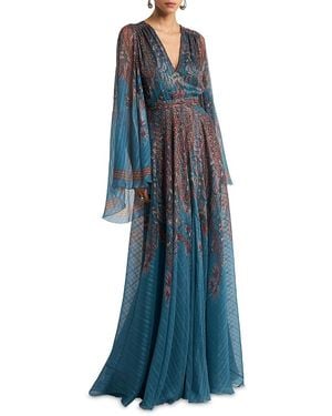 Etro V Neck Long Sleeve Silk Gown - Blue
