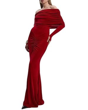karen millen bardot dress red Karen Millen Figure Form Bandage Knit Woven Bardot And Skirt Detail Dress in Red