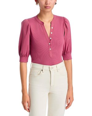 Veronica Beard Coralee Puff Sleeve Ribbed Top - Red