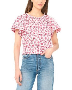 Cece Printed Eyelet Short Sleeve Top - Red