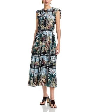 Tahari Flutter Sleeve Split V Neck Tiered Dress - Blue