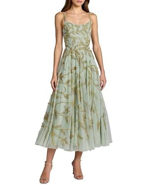 knee length dresses for ladies Navy V-Neck Sleeveless Midi Floral Beaded A-line Dress main image 1