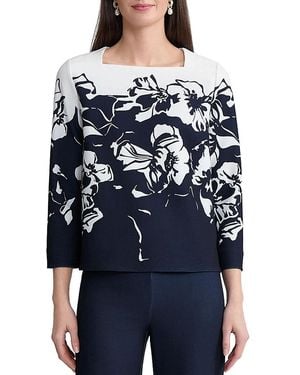 Ming Wang Floral Print Stretch Deco Crepe Blouse - Blue