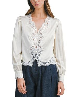 Luvee Lace Trim Long Sleeve Blouse - Gray