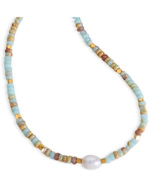 Aqua Bead & Imitation Pearl Necklace - Metallic
