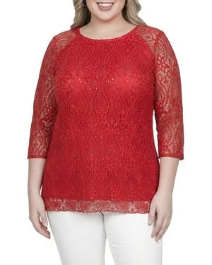 Standards & Practices Plus Floral Lace Sequins Tunic Blouse - Red