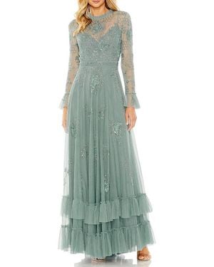 Mac Duggal Petite Embellished Long Sleeve Ruffle Gown - Green