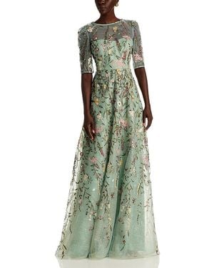 Teri Jon Floral Embroidered Tulle Elbow Sleeve Gown - Green