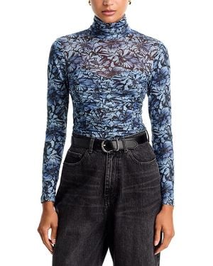 Aqua Floral Bloom Mock Neck Mesh Top - Blue