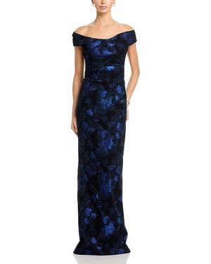 Teri Jon Jacquard Off-The-Shoulder Column Gown - Blue