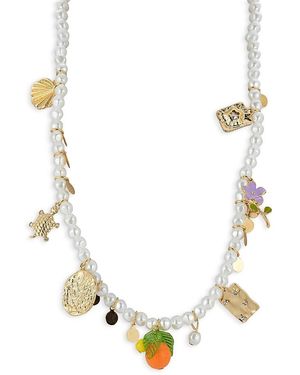 Aqua Crystal & Imitation Pearl Charm Necklace, 16-19 - Metallic