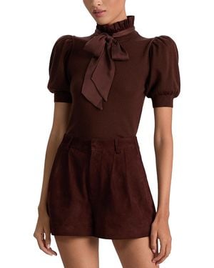 Alice + Olivia Chase Puff Sleeve Ruffle Neck Sweater - Brown