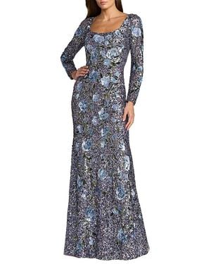 Mac Duggal Floral Beaded Mesh Long Sleeve Square Neck Gown - Blue