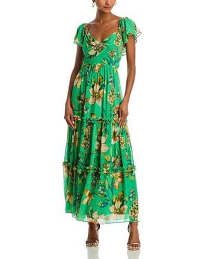 Aqua Floral Chiffon Flutter Sleeve Maxi Dress - Green