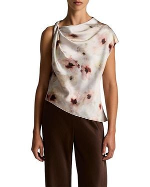 Vince Watercolor Floral Satin Twist Shoulder Top - Multicolor